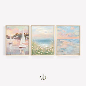 Conjunto de arte mural costero rosa - Lámina veraniega playera Coquette Preppy, obras de arte marinas con flores silvestres en tonos pastel