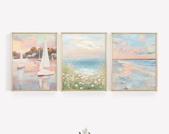 Pink Coastal Wall Art Set - Coquette Preppy Summer Beach Print, Pastel Wildflower Ocean Artworks