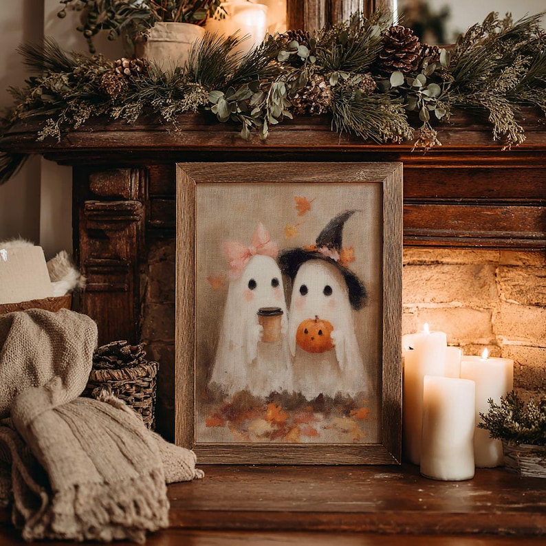 Cottagecore Ghost Couple Coffee Print - Whimsical Spooky Halloween Decor,  Kids Ghosts Fall Printable Art