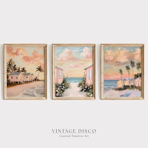 Pink Coastal Wall Art Set of 3, Coquette Beach Art, Preppy Aesthetic Dorm Art, Summer Beachy Print Set, Trendy Preppy Wall Set