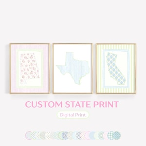 May include: Three framed wall art prints featuring state outlines. The left print shows a floral Alabama, the center a striped Texas, and the right a patterned California. Each print is enclosed in a gold frame with a light-colored background.