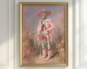 Pink Cowboy Skeleton Print - Girly Western Gothic Halloween Wall Art, Pastel Goth Printable