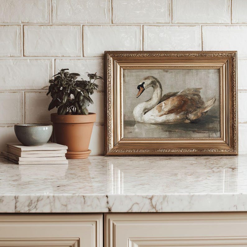 Vintage Swan Print -  Rustic French Country Fall Farmhouse Printable, Cottagecore Autumn Classic Bird Art