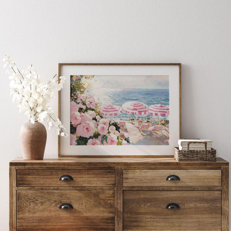 Pink Grandmillenial Coastal Beach Club Print - Coquette Preppy Summer Floral Printable, Shabby Chic Decor
