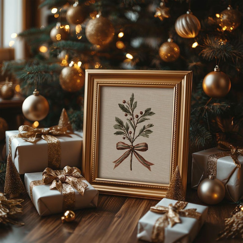Neutral Holly Berry Holiday Print - Vintage French Country Christmas Art, Minimalist Botanical Winter Printable