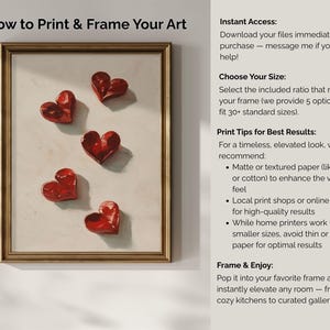 Puede incluir: Una impresi&oacute;n art&iacute;stica enmarcada con cinco formas de coraz&oacute;n rojo sobre un fondo blanco, dentro de un marco dorado. El texto en la imagen dice "How to Print & Frame Your Art" y ofrece consejos para imprimir y enmarcar.