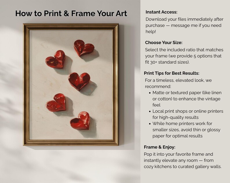 Puede incluir: Una impresi&oacute;n art&iacute;stica enmarcada con cinco formas de coraz&oacute;n rojo sobre un fondo blanco, dentro de un marco dorado. El texto en la imagen dice "How to Print & Frame Your Art" y ofrece consejos para imprimir y enmarcar.