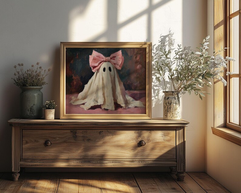Pink Bow Ghost Halloween Wall Art - Cute Spooky Halloween Printable, Whimsical Girly Halloween Art, Pastel Fall Artwork, Preppy Cottagecore