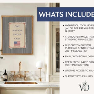 May include: A framed wall art print featuring a vertical black and white pinstripe background with a central rectangular beige panel containing the text ONE NATION UNDER GOD and a small American flag graphic, displayed in a kitchen setting.