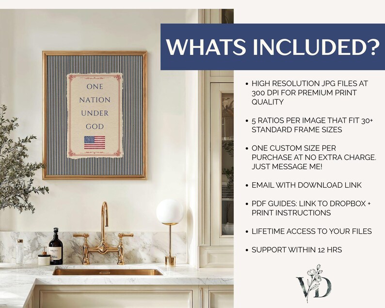 May include: A framed wall art print featuring a vertical black and white pinstripe background with a central rectangular beige panel containing the text ONE NATION UNDER GOD and a small American flag graphic, displayed in a kitchen setting.