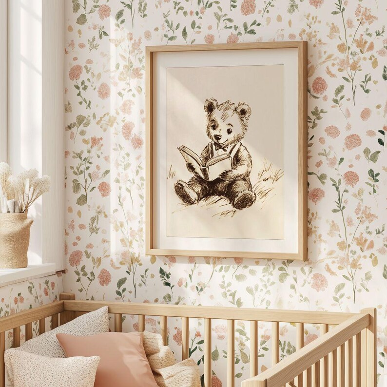 Vintage Bear Sketch Nursery Wall Art, Neutral Woodland Animal Print, Storybook Teddy Print, Kids Playroom Decor, Cottagecore Nursery Print