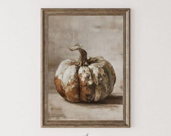Estampado de calabazas estilo cottagecore neutro - Pintura rústica de cosecha otoñal, estilo granja campestre francesa vintage para imprimir