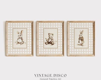 Vintage Woodland Nursery Prints: Teddy Bear, Rabbit & Mouse (Digital Download)