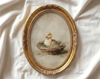 Impression de peinture de poussin de printemps de l'ancien monde - impression de canard de ferme de Pâques antique - décoration vintage Cottagecore