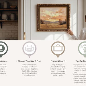 May include: An oil painting in a gold ornate frame depicts a landscape with a sunset. The artwork is displayed on a white wall. The image also includes text about instant access, print sizes, framing, and tips for best results.