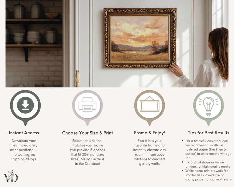 May include: An oil painting in a gold ornate frame depicts a landscape with a sunset. The artwork is displayed on a white wall. The image also includes text about instant access, print sizes, framing, and tips for best results.