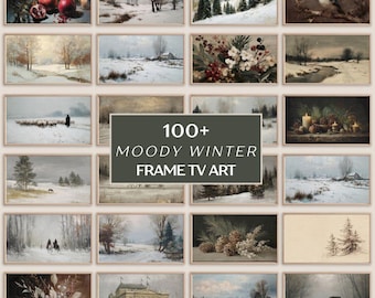 May include: A collection of framed art prints featuring winter scenes. The images depict snowy landscapes, still life arrangements with pomegranates, and a variety of winter-themed art. The text in the image reads "100+ Moody Winter Frame TV Art."