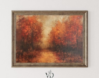 Vintage Autumn Forest Print -  Vibrant Fall Foliage Art, Bright Orange Leaves (Printable Digital Download)
