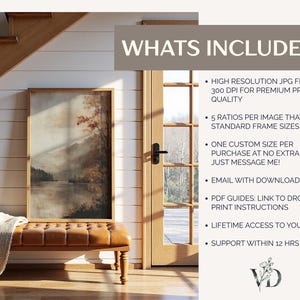 May include: A framed landscape art print featuring a misty lake and autumn trees, displayed on a tan tufted bench. The text reads: WHATS INCLUDED? HIGH RESOLUTION JPG FILES AT 300 DPI, 5 RATIOS FOR 30+ FRAME SIZES, CUSTOM SIZE, EMAIL LINK, PDF GUIDES, LIFETIME ACCESS, SUPPORT WITHIN 12 HRS.