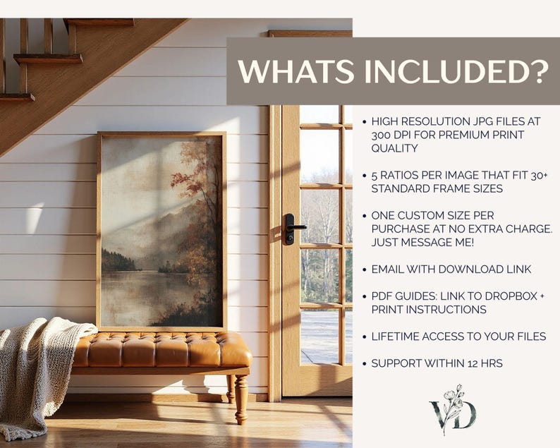May include: A framed landscape art print featuring a misty lake and autumn trees, displayed on a tan tufted bench. The text reads: WHATS INCLUDED? HIGH RESOLUTION JPG FILES AT 300 DPI, 5 RATIOS FOR 30+ FRAME SIZES, CUSTOM SIZE, EMAIL LINK, PDF GUIDES, LIFETIME ACCESS, SUPPORT WITHIN 12 HRS.