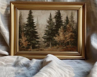 Moody Forest Print - Vintage Autumn Farmhouse Evergreen Printable, Rustic Cottagecore Winter Landscape Art