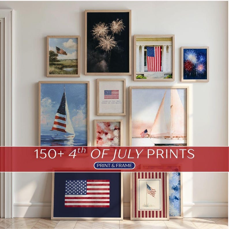 4th of July Gallery Wall Set - Independence Day Prints, Coastal Grandmillenial Patriotic Summer Art