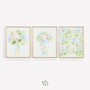 Pastel Pink Blue & Green Watercolor Hydrangeas Set - Preppy Grandmillenial Floral College Dorm Prints
