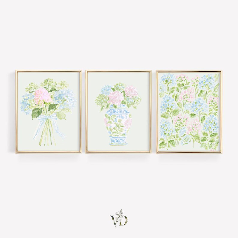 Pastel Pink Blue & Green Watercolor Hydrangeas Set - Preppy Grandmillenial Floral College Dorm Prints