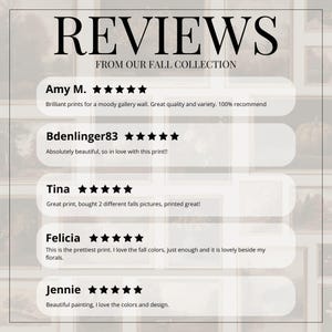 May include: Image featuring customer reviews from a fall collection. The word "REVIEWS" is at the top, followed by testimonials with star ratings. The reviews highlight print quality, color, and design, with phrases like "moody gallery wall" and "fall colors."