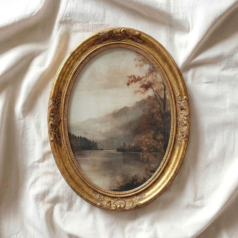 Vintage Autumn Lake Landscape - Printable Fall Wall Art, Muted Rustic Farmhouse Decor