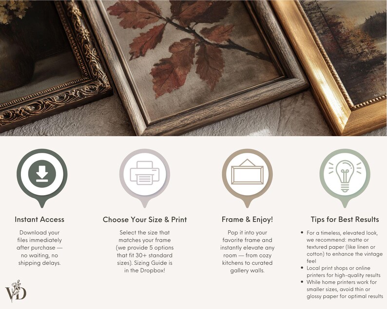 May include: Three framed art prints featuring a botanical leaf study and landscape scenes. Below, four circular icons illustrate the digital download process: Instant Access, Choose Your Size & Print, Frame & Enjoy, and Tips for Best Results.