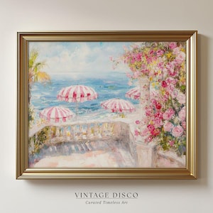 Pink Amalfi Coast Print: Grandmillennial Coastal Terrace (Digital Download)