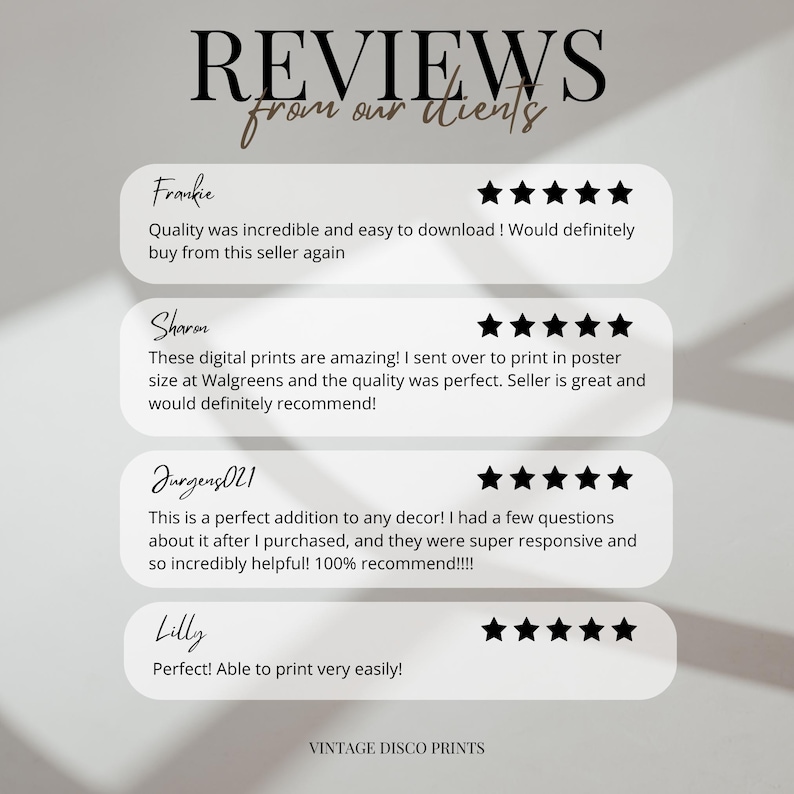 May include: A digital print featuring customer reviews with five-star ratings. The text includes positive feedback about the quality and ease of use. The bottom of the image reads "VINTAGE DISCO PRINTS."