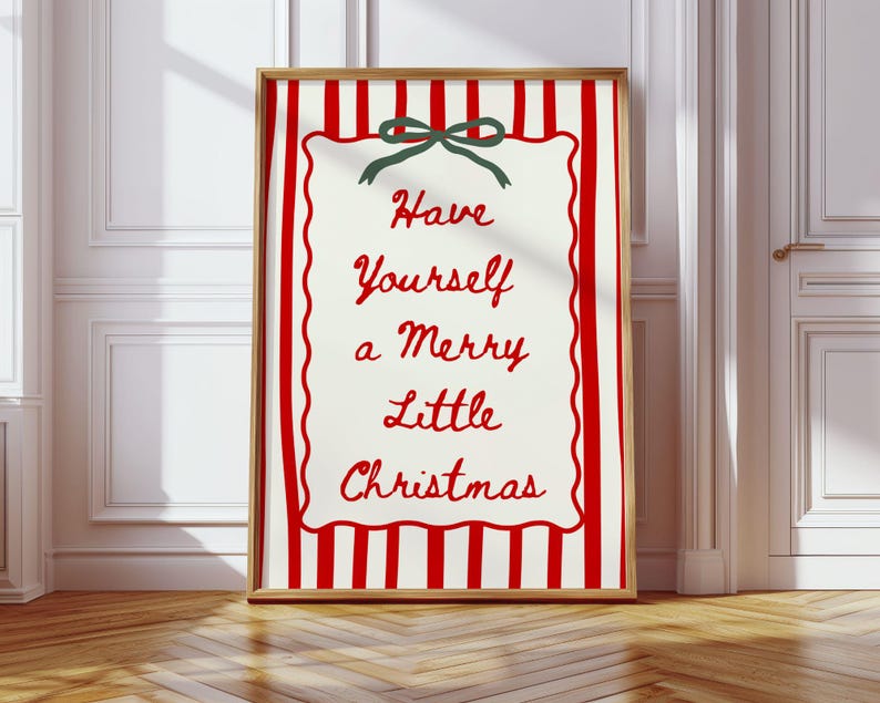 Retro Merry Christmas Print - Vintage Grandmillenial Holiday Decor, Trendy Preppy Coquette Wall Art