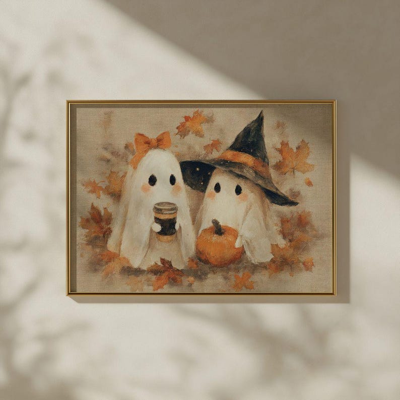 Cottagecore Ghost Coffee Halloween Print - Kitschy Autumn Kitchen Printable, Spooky Season Party Decor