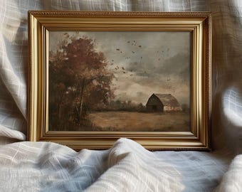 Moody herfstschuur landschapsprint - vintage herfst boerderij muurkunst, landelijke pastorale natuur afdrukbaar