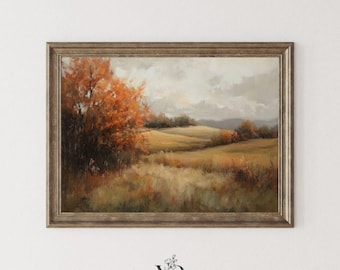 Vintage-Landschaftsbild für den Herbst – Rustikales Bauernhaus-Herbstmotiv, gedeckte, warme Farbtöne, ländliche Kunst