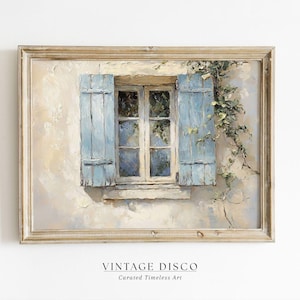 May include: An oil painting of a window with light blue shutters, set in a cream-colored wall. The window is open, revealing a glimpse of greenery. The artwork is framed in a light brown wooden frame. The text "VINTAGE DISCO" is at the bottom.