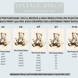 May include: Vintage-style print featuring a sepia-toned illustration of a teddy bear reading a book. The image is presented in multiple aspect ratios, with text indicating frame sizes. The text at the top reads "VINTAGE DISCO Curated Timeless Art."