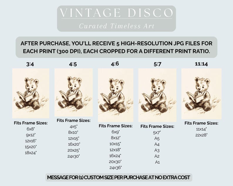 May include: Vintage-style print featuring a sepia-toned illustration of a teddy bear reading a book. The image is presented in multiple aspect ratios, with text indicating frame sizes. The text at the top reads "VINTAGE DISCO Curated Timeless Art."