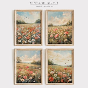 May include: Four framed landscape paintings featuring fields of wildflowers under a cloudy sky. The paintings have a vintage aesthetic, with a color palette of greens, blues, and warm floral tones. The text "VINTAGE DISCO Curated Timeless Art" is at the top.