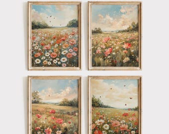 Cottagecore Wildflower Field Art Print Set – French Country Landscape (Digital Download)