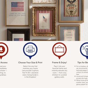 May include: A collection of framed patriotic art prints featuring the American flag and related imagery. The prints are in various sizes and frames, with text that reads "Land of the Free, Home of the Brave" and "America 250".