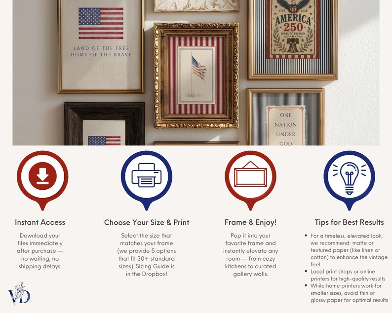 May include: A collection of framed patriotic art prints featuring the American flag and related imagery. The prints are in various sizes and frames, with text that reads "Land of the Free, Home of the Brave" and "America 250".