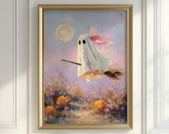 Pink Ghost Halloween Print - Cottagecore Witch-Ghost with Bow, Spooky Girly Wildflower Fall Printable
