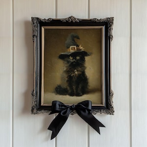 Vintage Black Cat Witch Print - Gothic Cottagecore Halloween Printable, Spooky Dark Academia Victorian Animal
