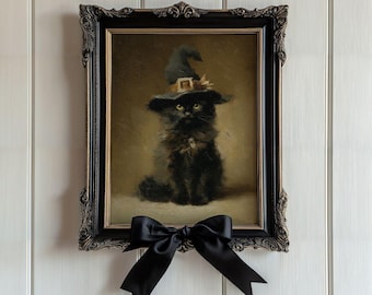 Vintage Black Cat Witch Print - Gothic Cottagecore Halloween Printable, Spooky Dark Academia Victorian Animal