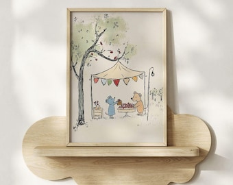Woodland Market Nursery Print - Storybook Baby Animal Sketch Wall Art, Vintage Bear & Mouse Drawing, Printable Whimsical Kids Room Artwork