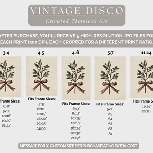 May include: Vintage-style botanical print featuring a sprig with green leaves and red berries, tied with a brown ribbon. The artwork is displayed in various aspect ratios, with text indicating frame sizes. The words "VINTAGE DISCO" and "Curated Timeless Art" are at the top.