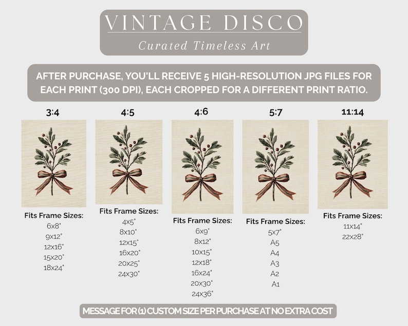 May include: Vintage-style botanical print featuring a sprig with green leaves and red berries, tied with a brown ribbon. The artwork is displayed in various aspect ratios, with text indicating frame sizes. The words "VINTAGE DISCO" and "Curated Timeless Art" are at the top.